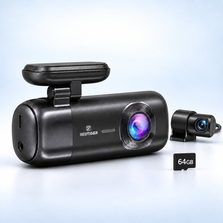 Dashcam REDTIGER F9 avec caméra arrière et carte microSD 64 Go, sans kit parking