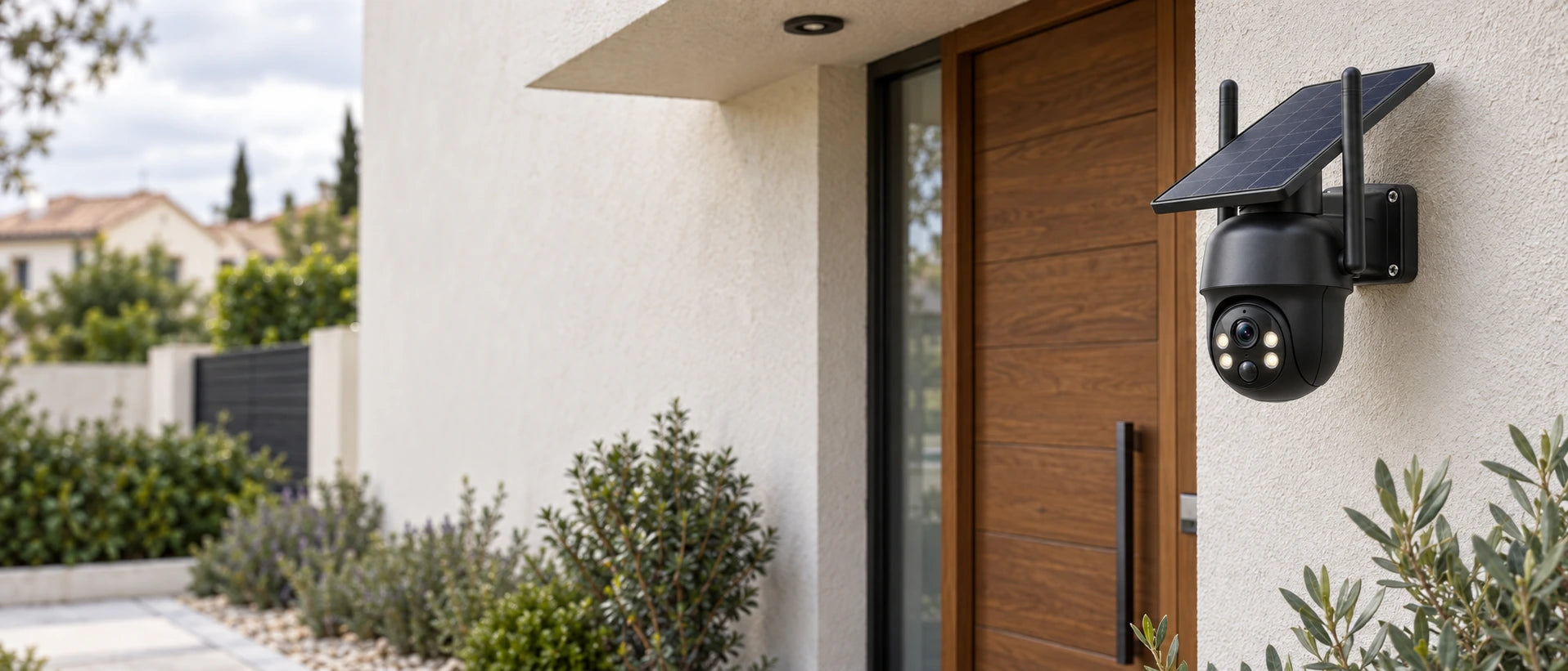 Une maison et son jardin, avec une petite caméra solaire installée sur la façade